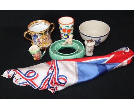Small Mixed Lot, Comprising Blue And White Bowl, Shelley Twin Handled Coronation Mug, Jacqmar Of London Charles And Diana Wed
