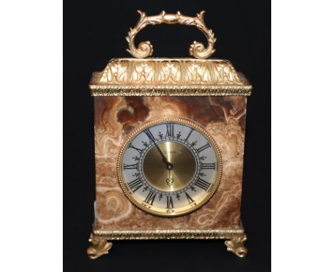 Elsinor Onyx Mantle Clock; With Brass Handle and Feet; 7.5 Inches Tall 