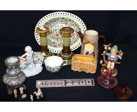 Box Of Misc Pottery And Collectibles To Include Hummel, Morris 2200 Car Badge, Dresden, Doulton , Candle Sticks 