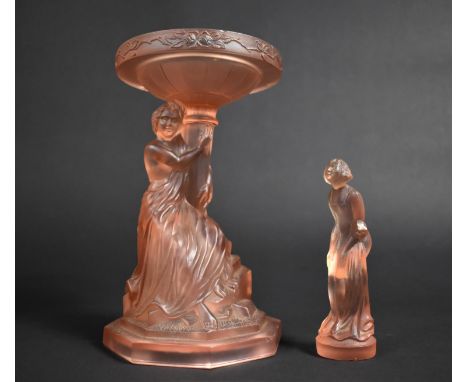 Two Pieces of Pink Art Deco Moulded Glass to comprise Figural Stand and Figure 