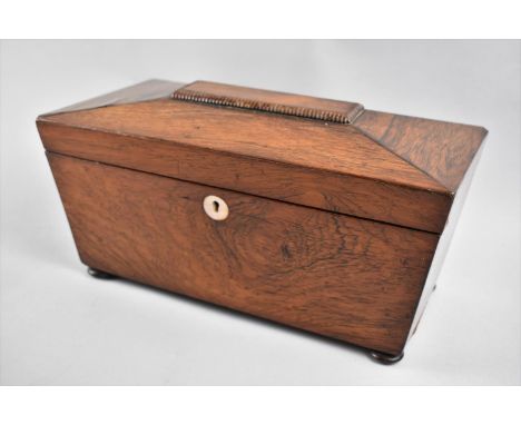 A Mid 19th century Rosewood Sarcophagus Shaped Tea Caddy with Hinged Lid to Two Inner Tea Compartments and with Unrelated Gla