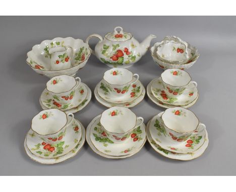 A Queen Virginia Strawberry Pattern Tea Set to Comrise Six Cups, Saucer, Side Plates, Tea Pot, Bowl, Basket Etc 