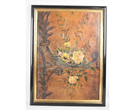 A Vintage Painted Leather Panel Depicting Roses and Pansies, 39x55cms 