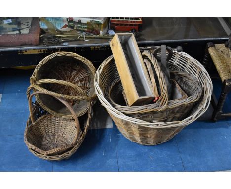 A Collection of Various Vintage and Later Wicker Shopping Baskets, Dutch Wooden Bottle Holder and Kitchen Garden Planter 