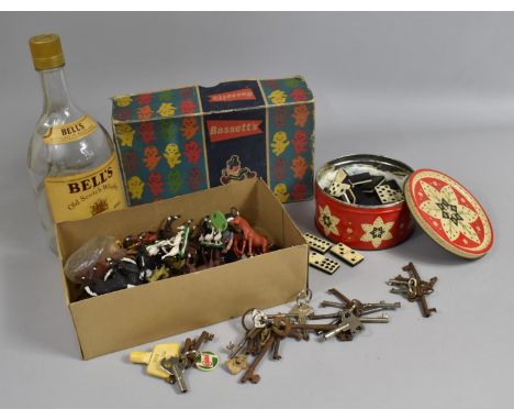 A Collection of Curious to include Farm Animal Toys, Bells Whisky Bottle, Bassetts Box Lid, Tin of Vintage Dominoes Etc 