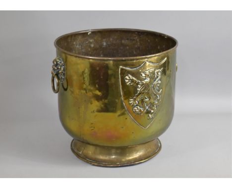 A Mid 20th Century Brass Two Handled Planter with Lion Mask Ring Handles and Scottish Rampant Lion Shield Decoration, 29cms D