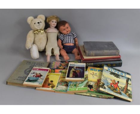 A Collection of Various Vintage Children's Books together with a Porcelain Head Doll Etc 
