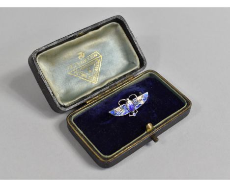 An Egyptian Revival Silver and Enamelled Scarab Brooch by Charles Horner in Vintage Leather Mounted Box, Some Loss to Enamel 