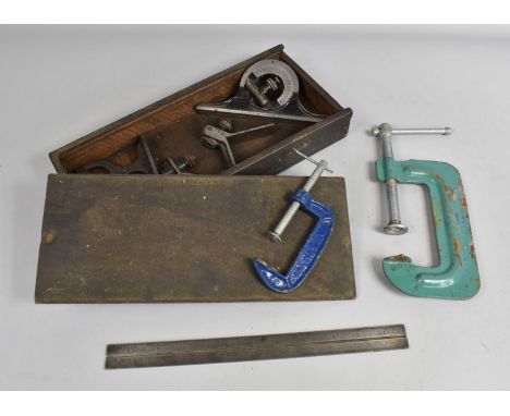 A Vintage Wooden Box Containing Engineering Rules and Tools together with Two G-Clamps 