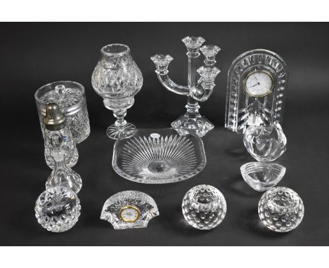 A Collection of Various Glass to include Hurricane Lamp, Candelabra, Lidded Pot, Waterford Crystal Mantel Clock Etc 