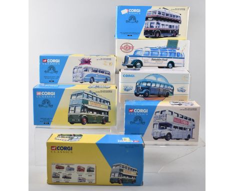 A Collection of Six Boxed Corgi Classic Diecast Buses and a Dinky Collection Mercedes Bus 