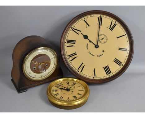 A Mid 20th century Oak Mantel Clock together with Two Reproduction Circular Wall Clocks with Battery Movements 