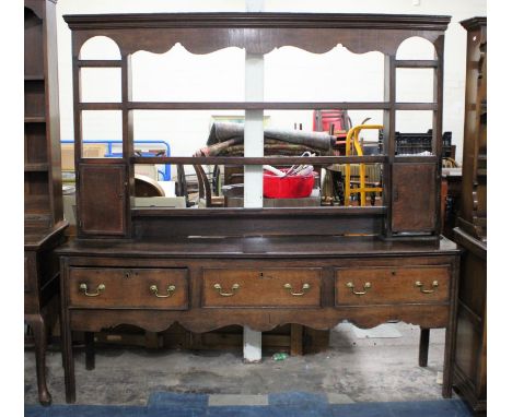 A Georgian Oak Dresser with Three Drawers and Shaped Apron, Square Supports, Raised Three Shelf Plate Rack with Two Side Cupb