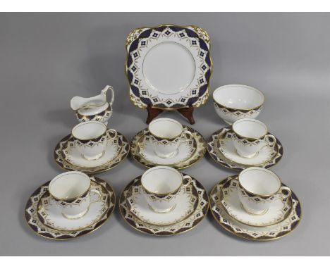 A Plant Tuscan Cobalt Blue and Gilt Geometric Pattern Swag Trim Tea Set to comprise Six Cups, Saucers, Side Plates, Cake Plat