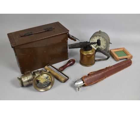A Vintage Ammunition Box together with a Carbide Lamp, (AF) Smiths Stop Clock Etc 
