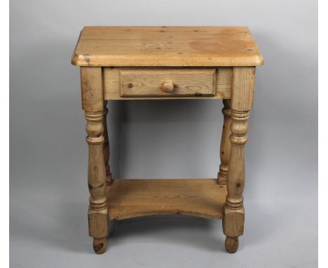 A Modern Pine Side Table with Single Drawer and Turned Supports, Stretcher Shelf, 59cm wide 