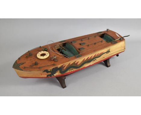 A Vintage Japanese Model Speedboat of Wooden Constriction with Electric Motor, Hull Painted with Dragons on Both Sides, Metal