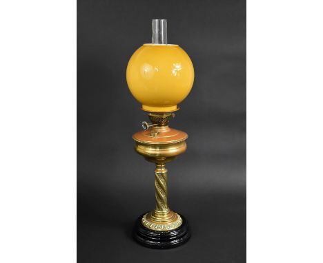 A Late Victorian Brass Oil Lamp with Wrythen Column Support, Duplex Controls, 66cms high 