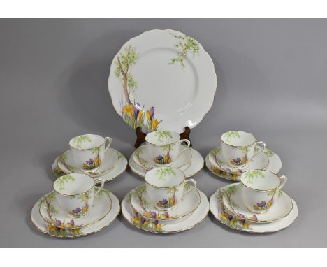 A Royal Albert Crocus Pattern Tea Set to comprise Six Saucers, Side Plates, Cups and a Cake Plate 