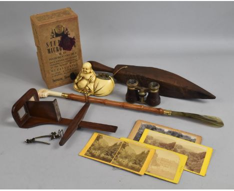 A Collection of Vintage Items to include Shoe Horn with Jockeys Head Handle, Buddha table Lighter, Stereoscopic View and Card