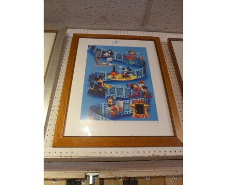 A framed Disney lithograph of Mickey Mouse with inset film animations cell 58 x 47cm 