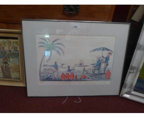 A framed and glazed print and a set of three court scenes 