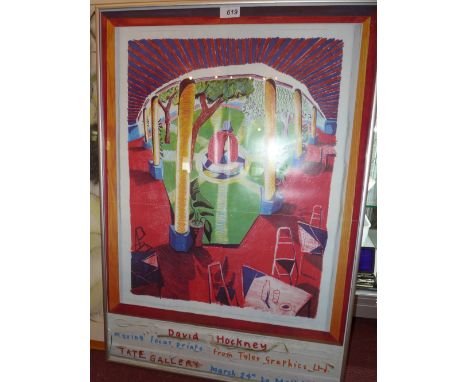 A David Hockney exhibition poster for 'Moving Focus Prints' at the Tate gallery, signed and framed 