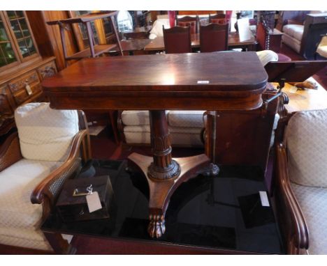 Card table, William IV rosewood on a well carved acanthus leaf base 92cm wide 