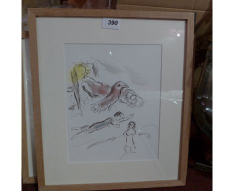 Marc Chagall, a lithograph titled 'Woman and Bird', in light oak frame