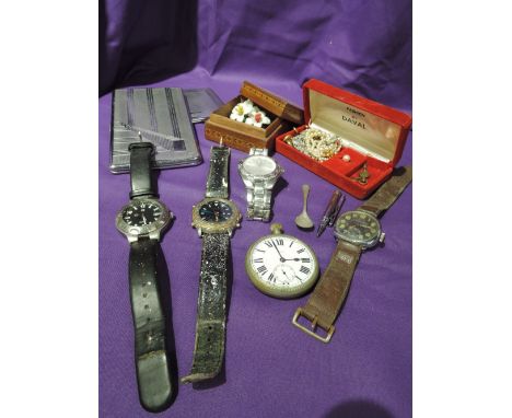 A sm,all selection of gents wrist watches including Siro sports, two cigarette cases, a pocket watch and small selection of c