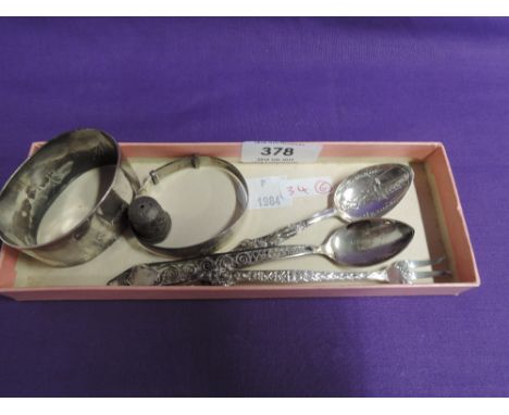 A small selection of HM silver and white metal including napkin ring, teaspoons, christening bangle etc