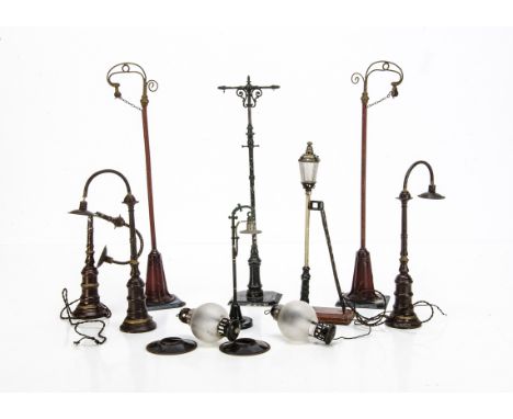 A Collection of Vintage Street and Yard Lamps for 0 Gauge and above, including two Bing 15" high yard lamps with brown column