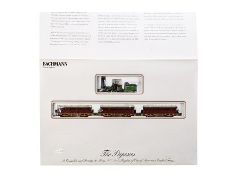 Bachmann HO Gauge Pegasus Steam Train, a boxed 00690 Pegasus steam locomotive with tender in green livery, three coaches in r