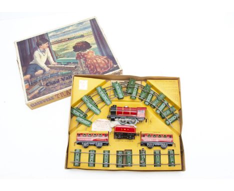 Chad Valley 0 Gauge LMS Passenger Clockwork Train Set, comprising red 0-4-0 Loco 3402, tender, two Royal Scot coaches, oval o