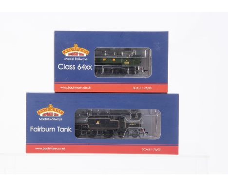 Bachmann 00 Gauge GWR and BR Tank Locomotives, 31-635A GWR green 64XX Pannier Tank 6424 with driver, together with 32-875DC B