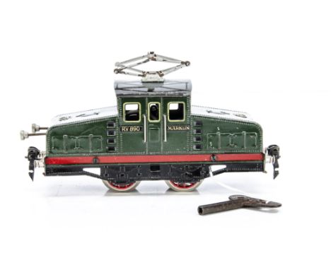 A Märklin 0 Gauge clockwork Steeple-cab Electric 0-4-0 Locomotive, ref RV890, in green with red and black trim, VG, with key,