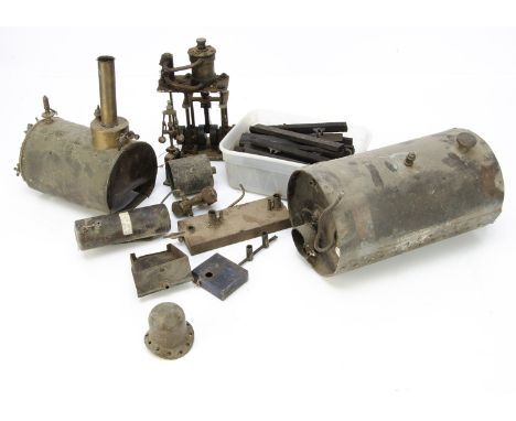 An Assemblage of Live Steam Components, including a rivet-seamed marine-type boiler 6" diameter x 10" long, with double-row r