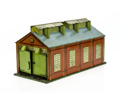 A Hornby 0 Gauge No 2E Engine Shed, with 3-rail track on green base, overall G-VG, side windows bright, some tarnishing to sk