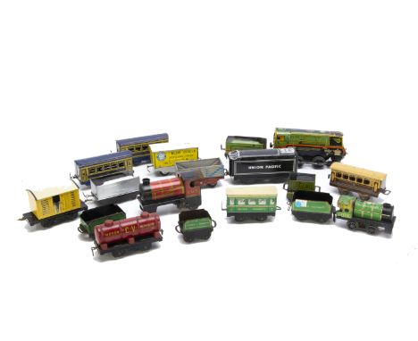 Collection of unboxed Chad Valley and Mettoy 0 Gauge Locomotive Coaches and Wagons, Mettoy 393 Battle of Britain Safety lectr