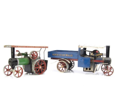 Mamod SW1 Steam Wagon and TE1a Traction Engine, the SW1 in blue, red and white, F-G, lacks drive belts, scuttle and burner tr