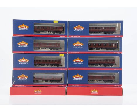 Bachmann OO Gauge BR Maroon Coaches,  a boxed group, 34-201 (box torn), 39-271C, 34-604B, 34-630, 39-271C, 34-675B, 34-627B, 