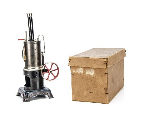 A boxed Doll &amp; Co Vertical Live Steam Stationary Engine, standing 12½" high over chimney, with side-mounted single oscill