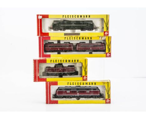 Fleischmann Diesel HO Gauge Locomotives, four boxed examples British outline 4246 D821 Warship Class Greyhound in BR green li