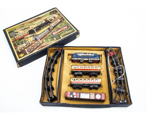 Wells-Brimtoy  Electric 00 Gauge Train Set, comprising tin BR blue Diesel and two red and cream Coaches, tin Battery holder a