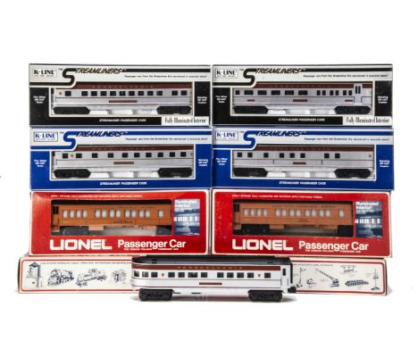 American 0 Gauge Coaching Stock by Lionel and K-line, a set of 4 Lionel 13" cars in Milwaukee Road orange livery, comprising 
