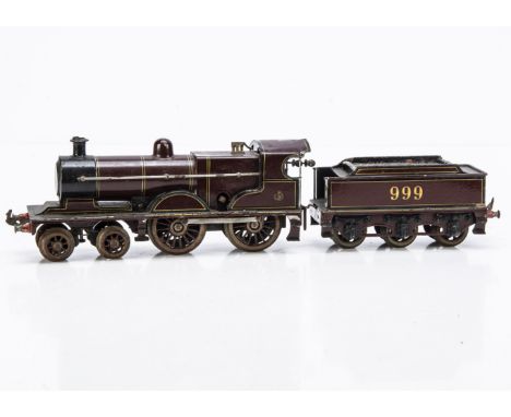A Bing 0 Gauge clockwork Midland 4-4-0 Locomotive '999' and Tender, in enamelled MR crimson with No. 999 to tender and smokeb