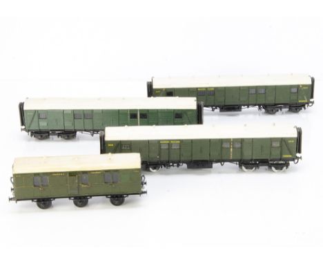 Three 0 Gauge SR Bogie Utility Vans and a 6-wheeled Passenger Brake, appear kit-or scratch-built and with fine-scale insulate