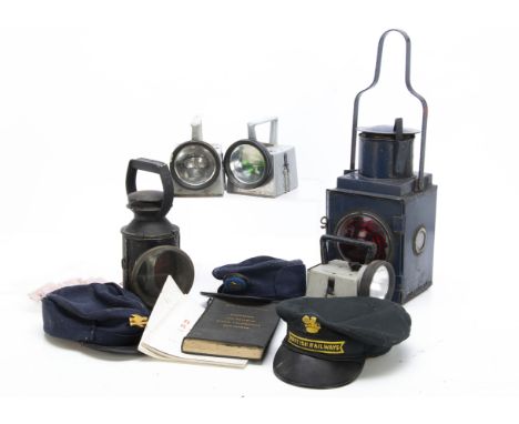 BR Signal Lamps Caps and Other Items, a black tin signal lamp with loop handle with four interior glass lenses (undamaged), i