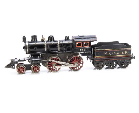 A Bing Gauge 1 American Market  clockwork 4-4-0 Locomotive and Tender,  the loco with cast-iron body finished in black with r