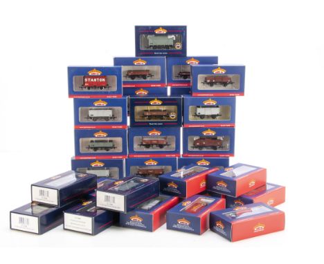 Large collection of Bachmann 00 Gauge BR 4-wheel wagons, including various brown open wagons (10), grey open wagons (8), Catt